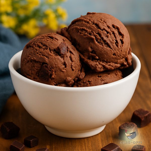 Two big scoops of thick, chocolate ice cream with brownies chunks in it, in a white bowl on a wooden table, next to a couple of pieces of chocolate fudge and some yellow flowers in the background