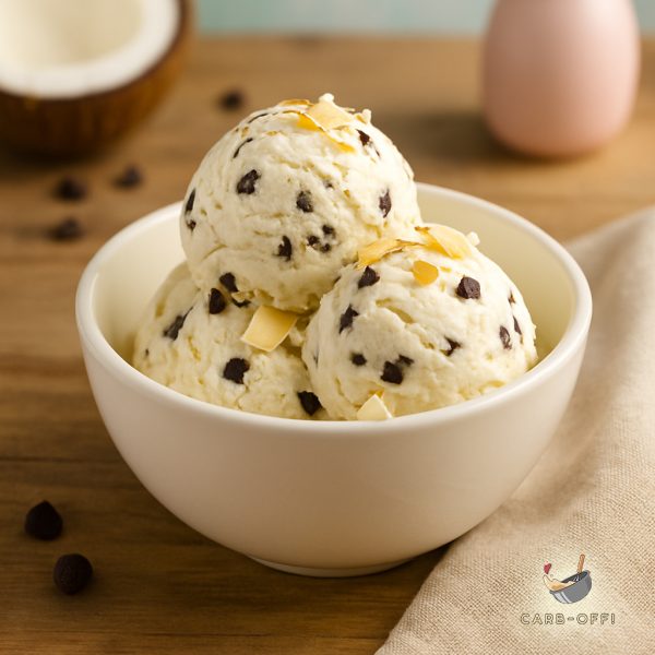Three scoops of coconut choc chip ice cream in a white bowl on a wooden table that is sprinkled with chocolate chips and half a coconut in the background