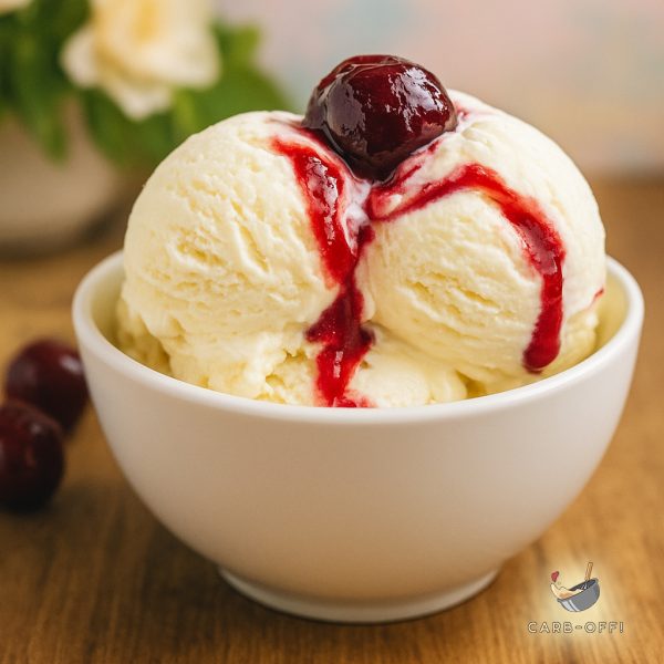 Three scoops of off-white kaimaki, chewy ice cream with some berry syrup dribbling on the scoops and a big sour cherry on top , on a wooden table