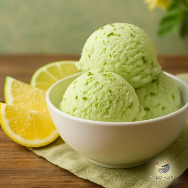 Three scoops of light green coloured lemon & lime ices cream in a white bowl, placed on a towel over a wooden table and a couple of lemon & lime slices next to it