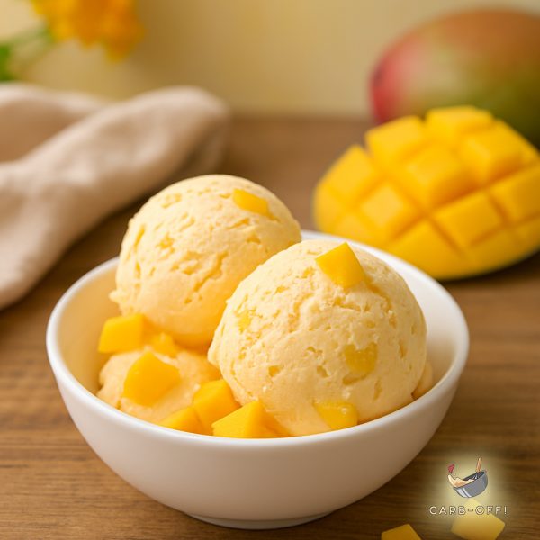 Two scoops of mango ice cream in a white bowl with mango chunks in and half a mango in the background, all on a wooden table