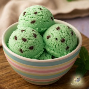 Three scoops of vivid green coloured ice cream with choc chips, in a pastel coloured bowl on a wooden table