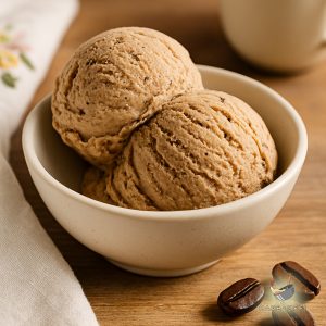 Two big scoops of light brown coloured ice cream in a white bowl on a wooden table next to a couple of coffee beans