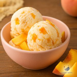 Two big scoops of off white ice cream with peach tidbits in a pastel pink bowl on a wooden table next to peach slices