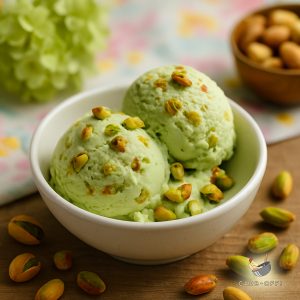 Two scoops of pistachio flavoured, green coloured ice cream in a white bowl, sprinkled with pistachio nibbles on a wooden table and a few pistachios spread around the bowl