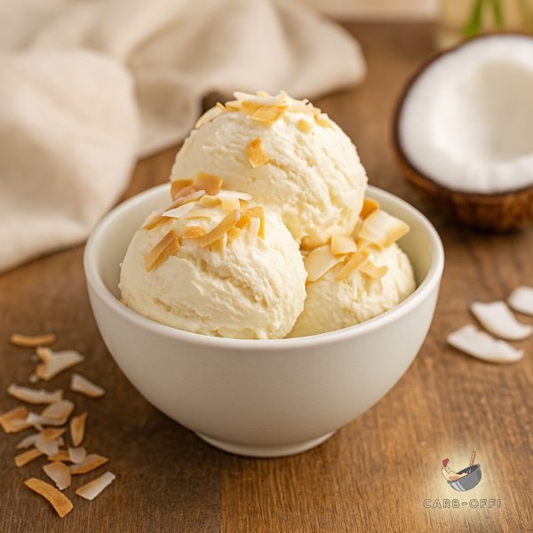 Three scoops of coconut ice cream in a white bowl topped with toasted coconut slices on a wooden table sprinkled with coconut slices and half a coconut in the background