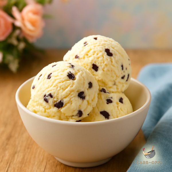 Three scoops of vanilla choc-chip ice cream in a white bowl on a wooden table with a pastel blue towel on the side and a vase with light orange roses in the background