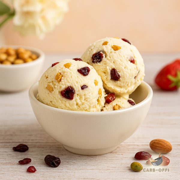 Two big scoops of an off white coloured ice cream with bits of fruit and nuts in it on a wooden off white table with a few nuts spread around on the table next to the bowl and a couple white flowers in the background