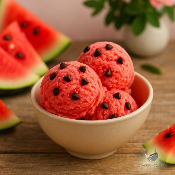 Three scoops of vivid rose pink colour with choc chips to mimic the watermelon seeds in a white bowl on a wooden table with a couple of watermelon slices in the background